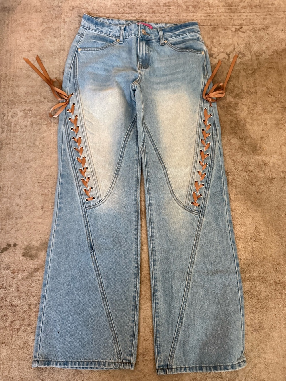 Edikited Light Blue Lace-Up Wide Leg Jeans